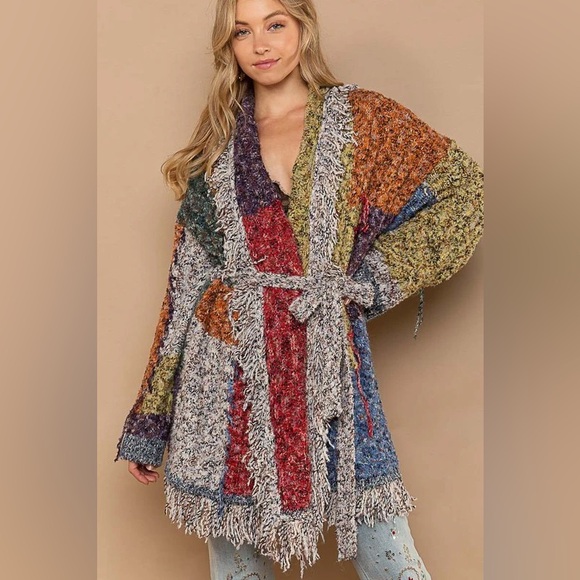 POL Women's Cream Tweed Wrap Cardigan Duster Bohemian Long Sleeve Fringe NWOT - Picture 9 of 9